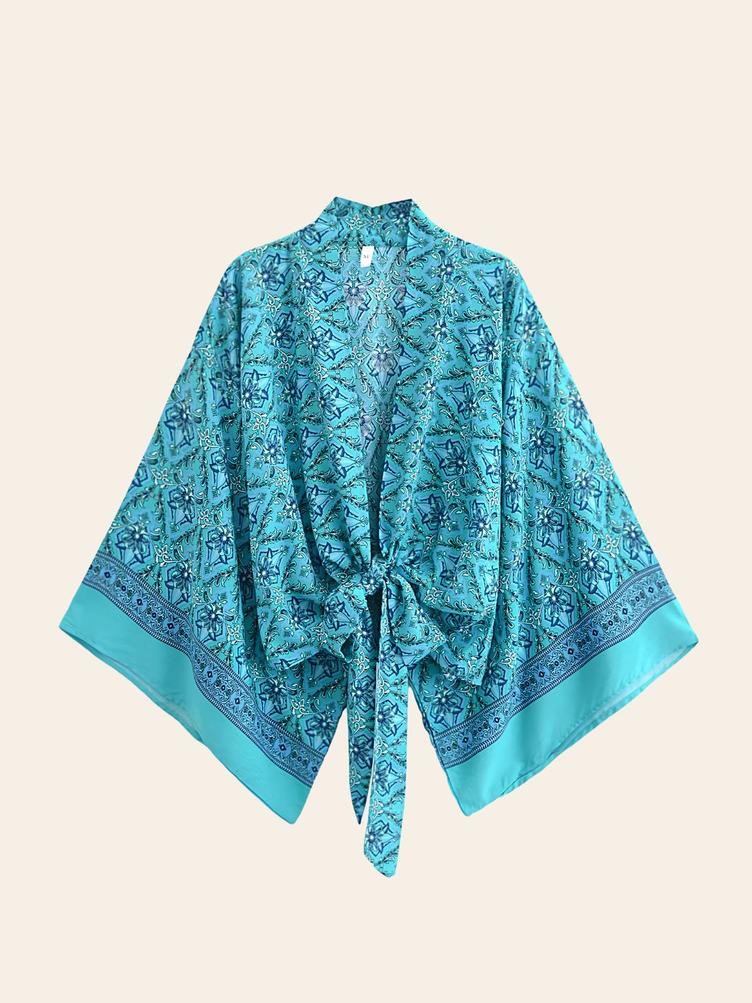Robe Kimono Courte Verte Bleue Motifs