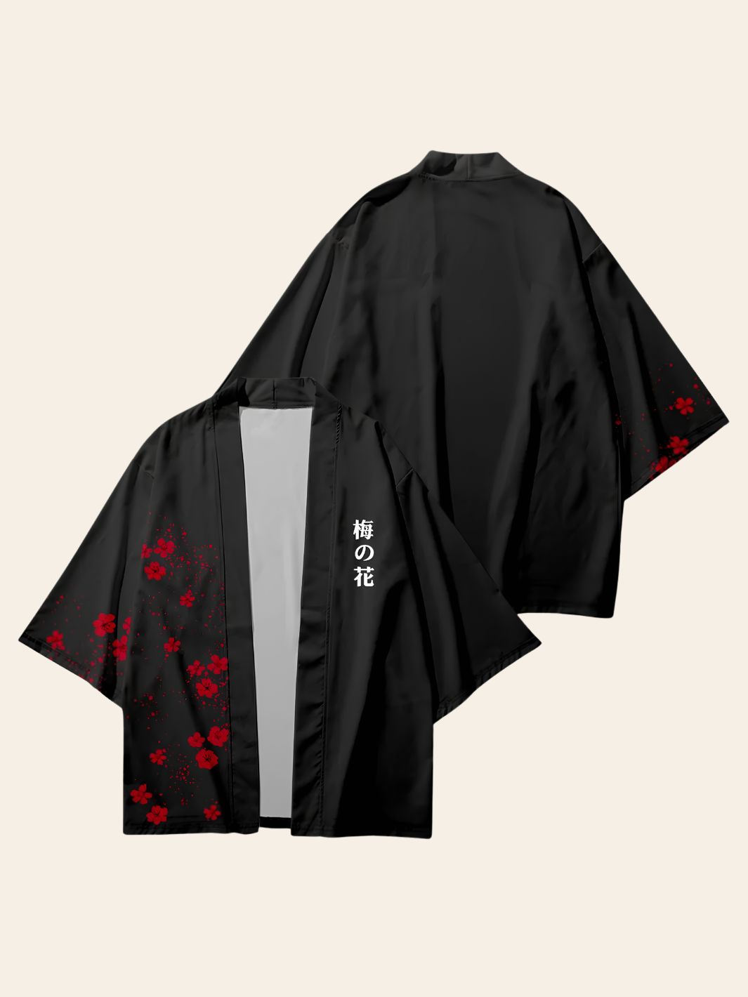 Veste Kimono Noire Motif Fleures Rouges