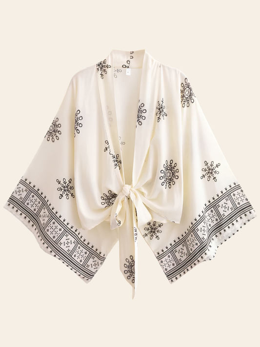 Kimono de Plage Court Blanc à Motifs