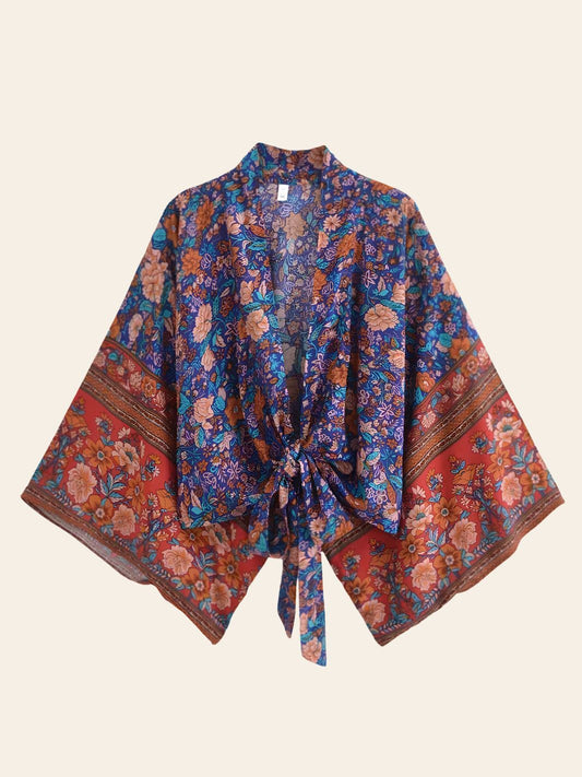 Kimono de Plage Court Bohème Bleu & Rouge