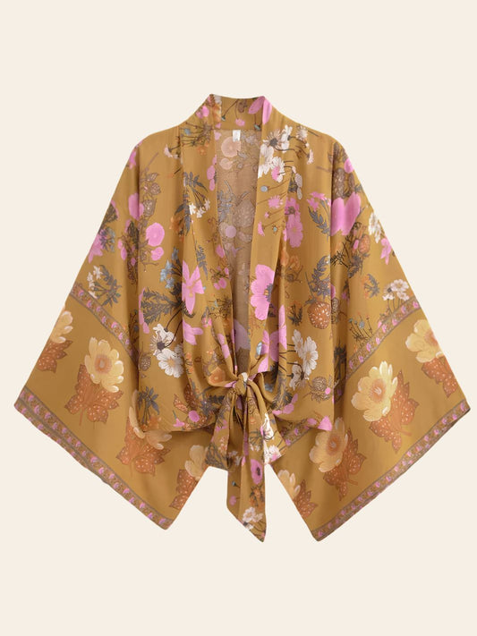 Kimono de Plage Court Jaune à Fleurs