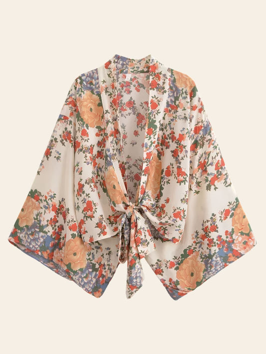 Kimono de Plage Court Blanc Fleuri