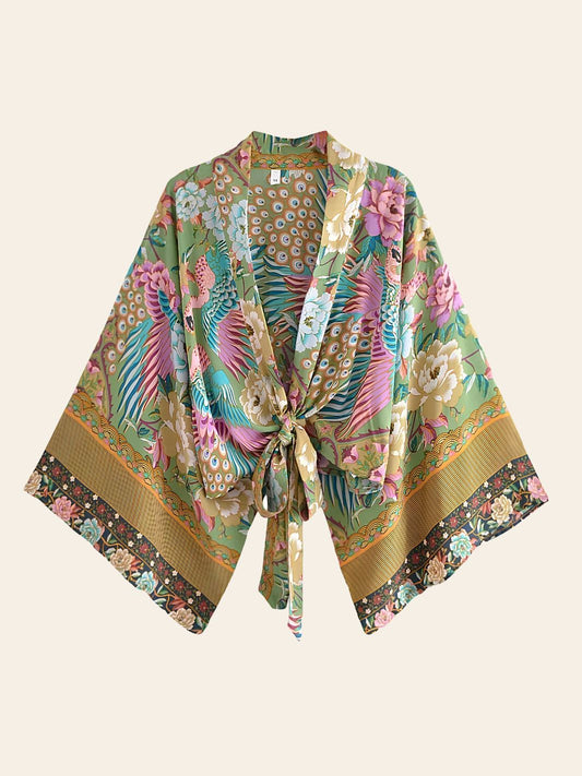 Robe Kimono Courte Jaune Fleurs