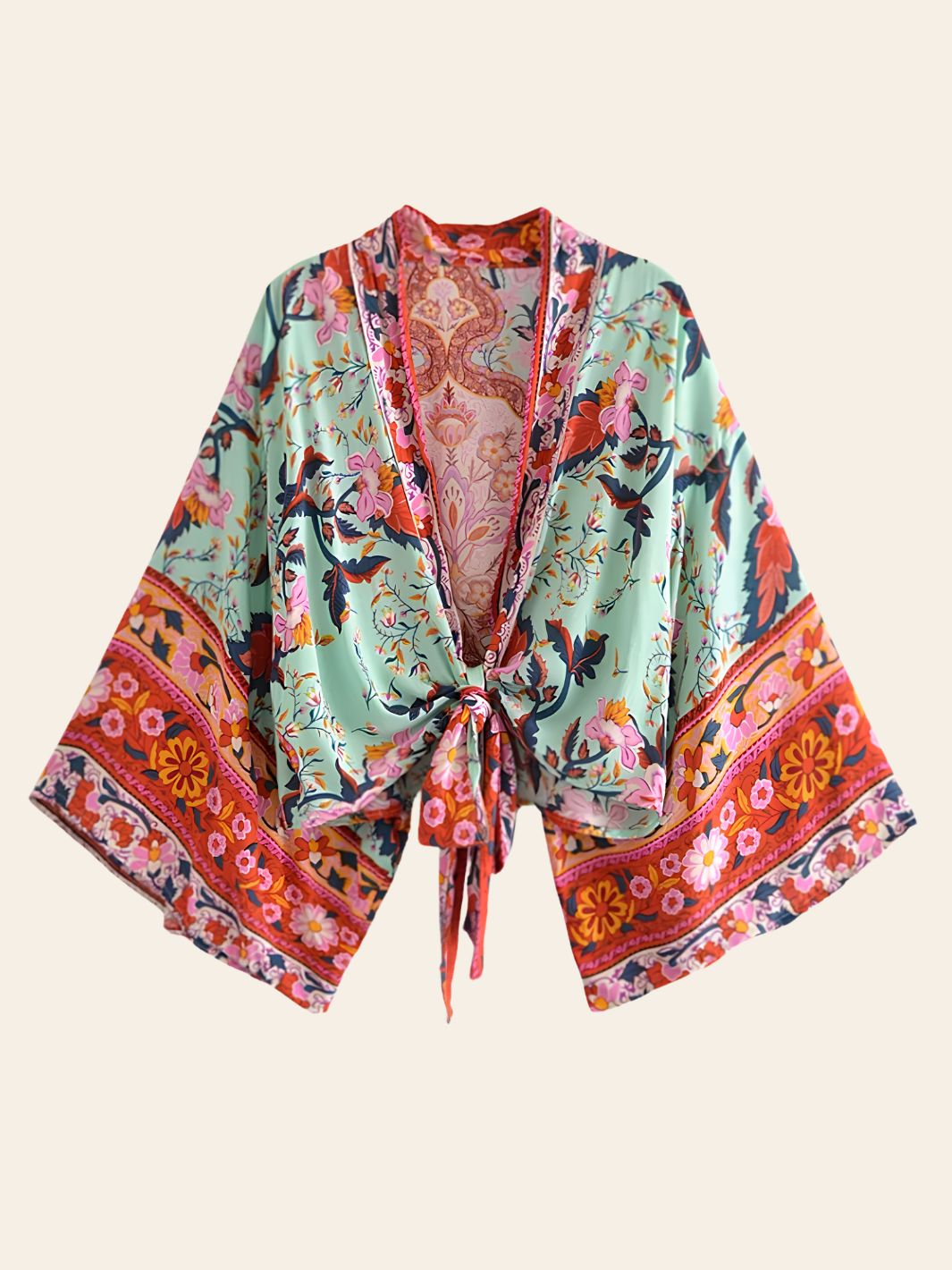 Robe Kimono Courte Bohème Verte & Rouge