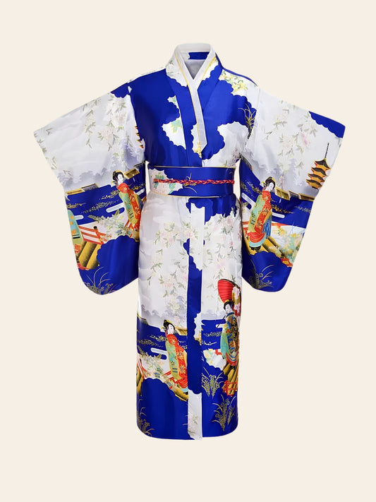 Robe Kimono Geisha Bleue & Blanche