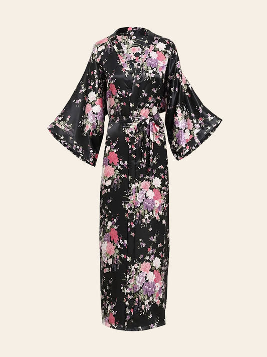 Robe Kimono Noire Fleurie