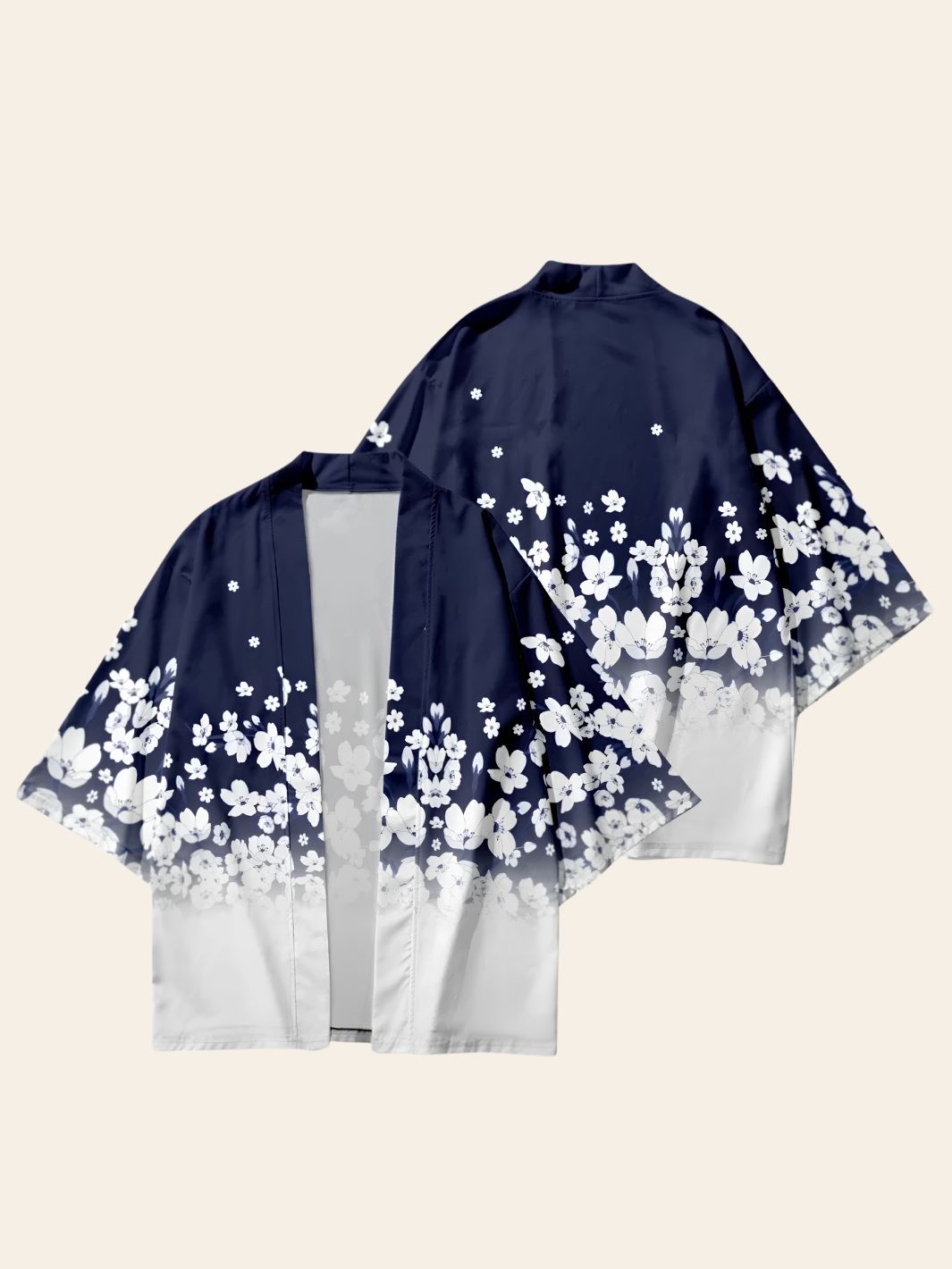 Veste Kimono  Blanche & Bleu Foncé Fleurie