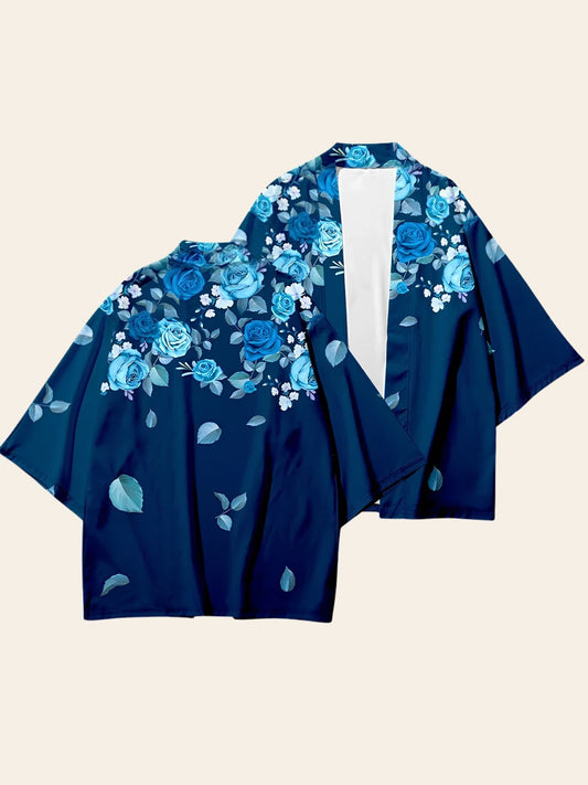 Veste Kimono Bleu Foncé Fleurie