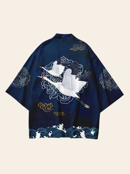 Veste Kimono Bleue & Grues Japonaises