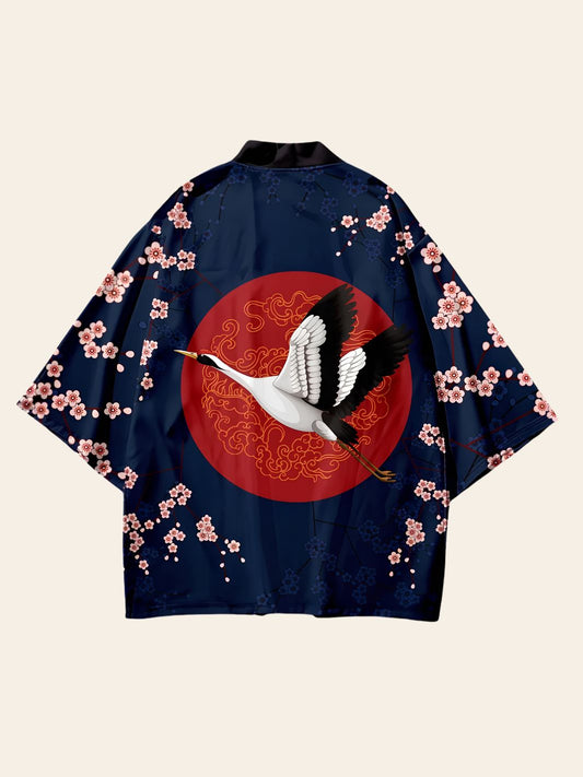 Veste Kimono Grue Japonaise Bleue Foncée
