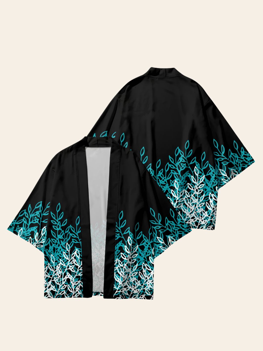 Veste Kimono Noire Feuilles Bleues