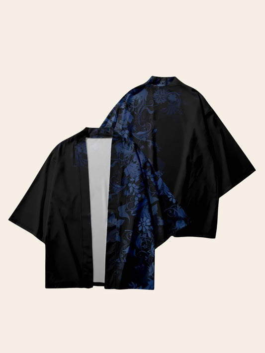 Veste Kimono Noire Fleures Bleues