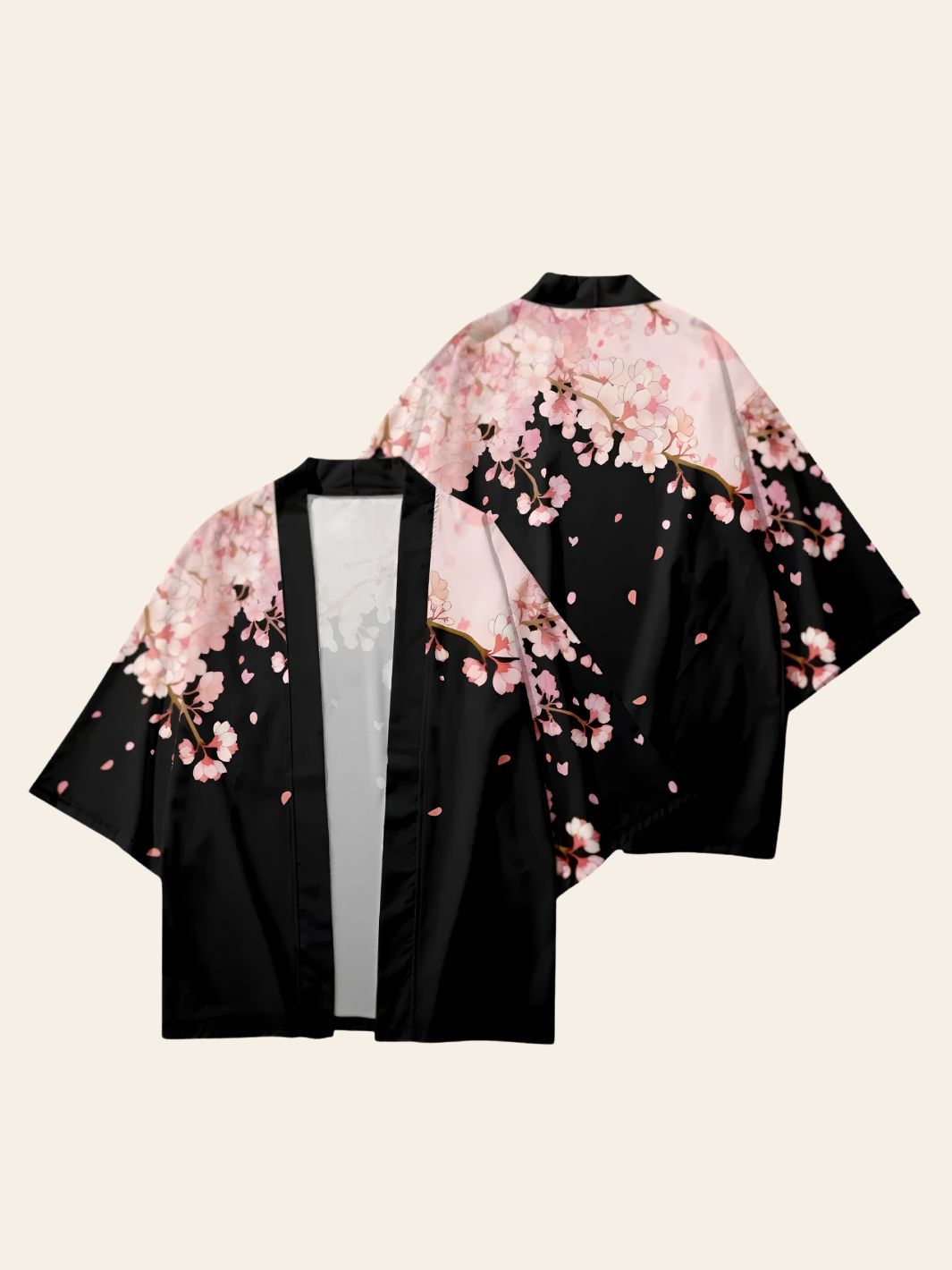 Veste Kimono Noire et Fleurs Roses